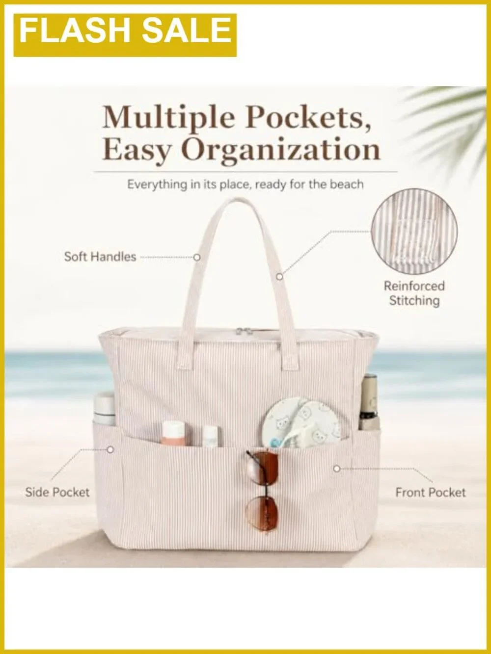 Large Waterproof Beach Tote Bag with Wet Compartment